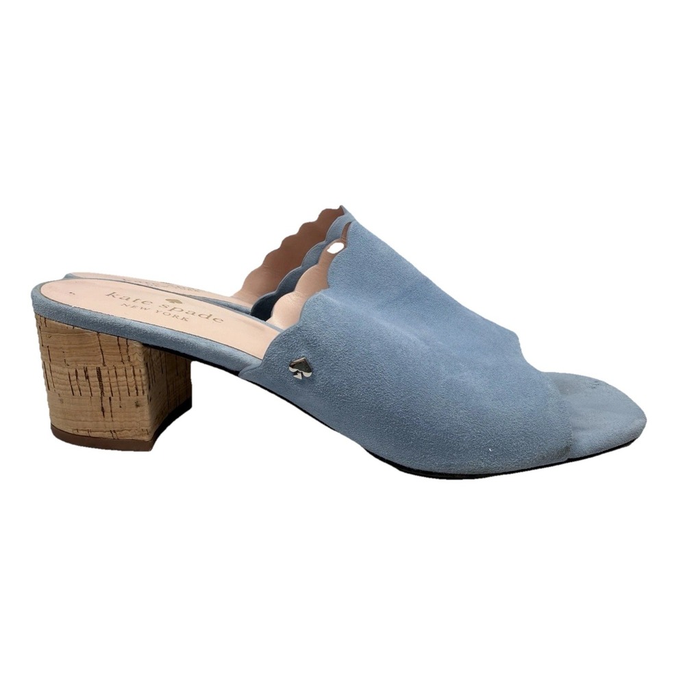 Kate Spade Blythe Suede Slide Sandals Blue Cork Heel Women's 8.5B‎ Scalloped